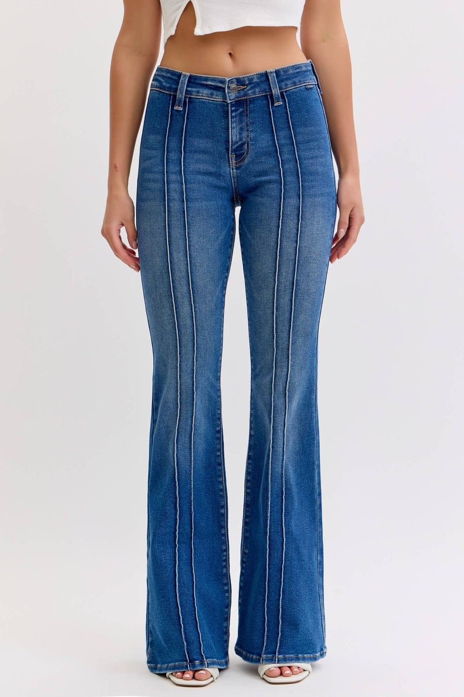 Mid-Rise Flare Jeans Pintuck Seam