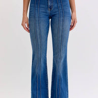 Mid-Rise Flare Jeans Pintuck Seam