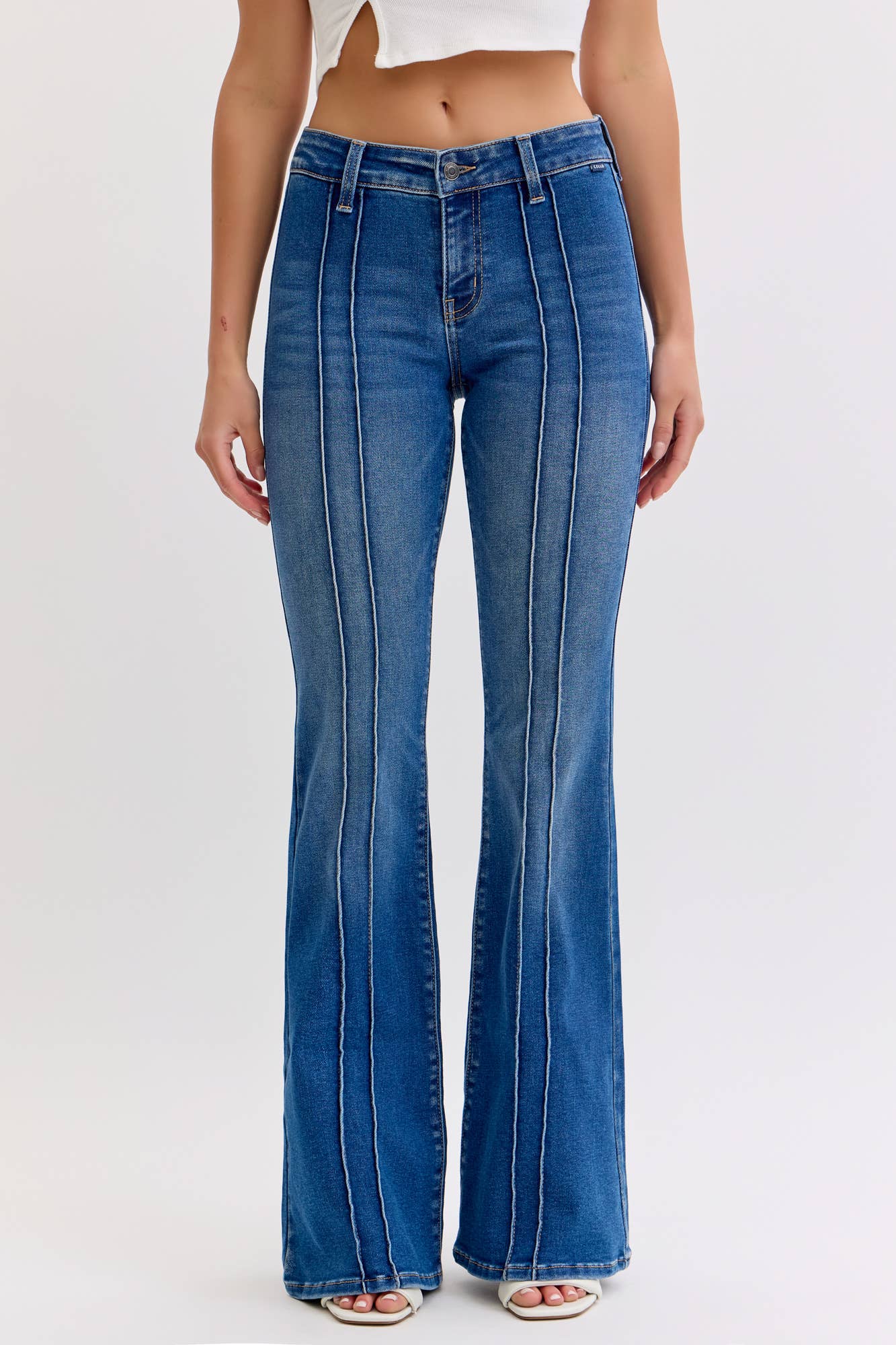 Mid-Rise Flare Jeans Pintuck Seam