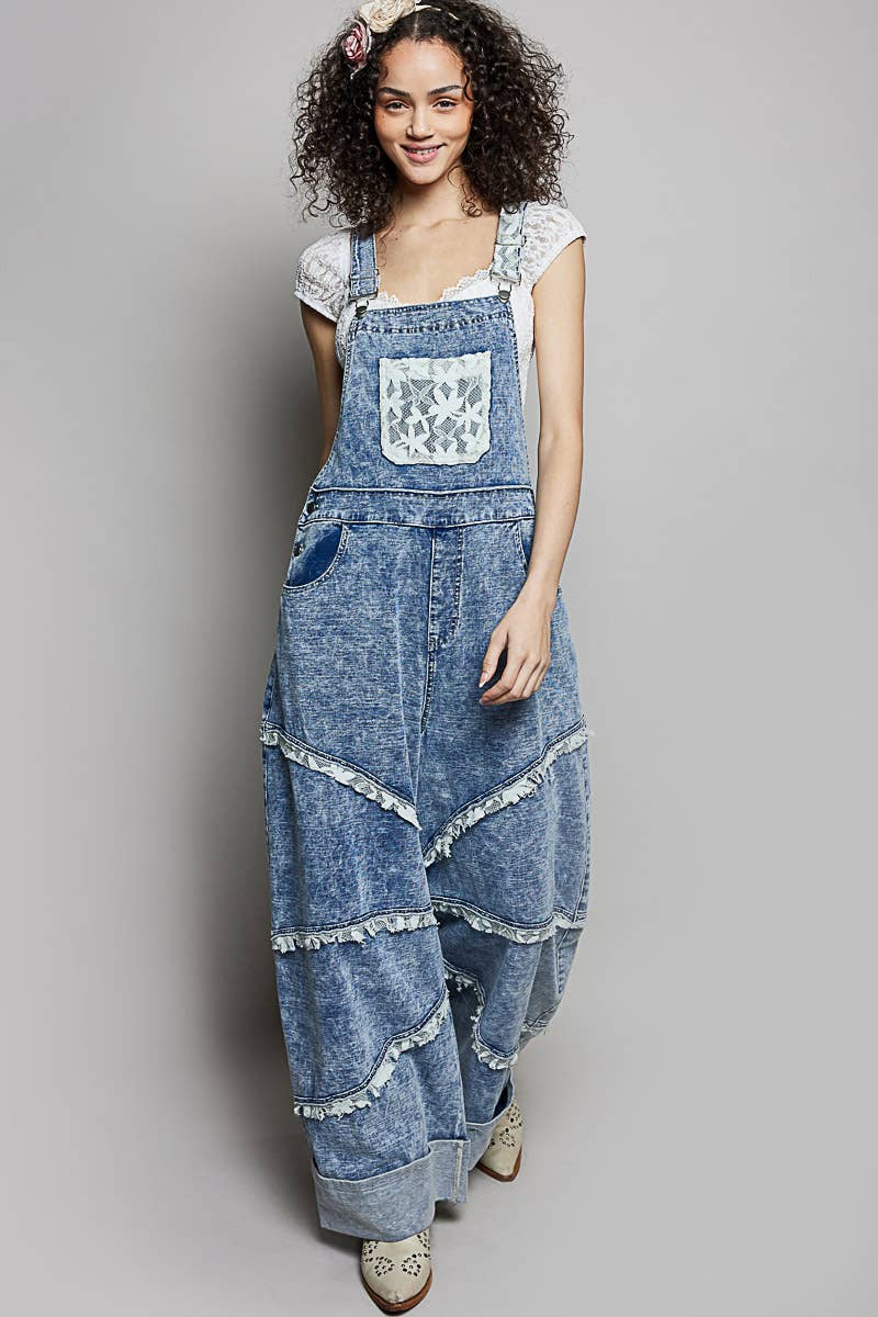 Relaxed Fit Lace Trim Overalls