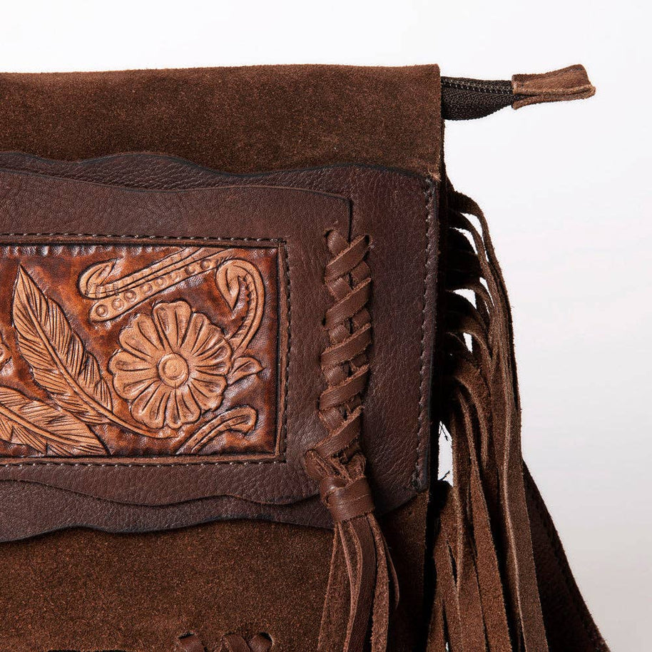 Suede Leather & Fringe Purse Clutch, Espresso