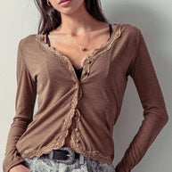 Lace Trim Button-Front Ribbed Knit Top