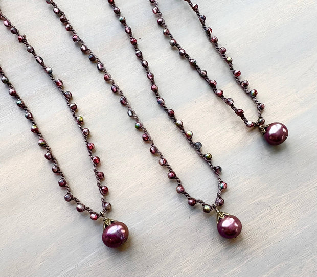 Antique Rose Freshwater Pearl Drop Crocheted Necklace