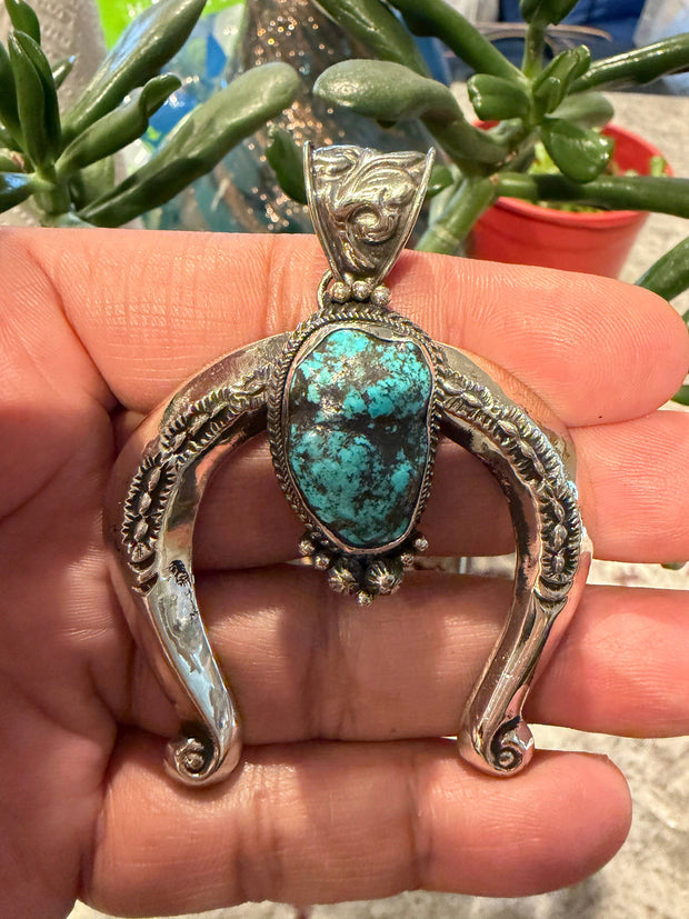 Squash Blossom with Natural Turquoise Pendant, Handcrafted