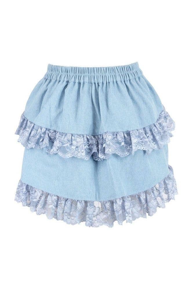 Light Blue Denim Ruched Bustle Skirt w/Lace