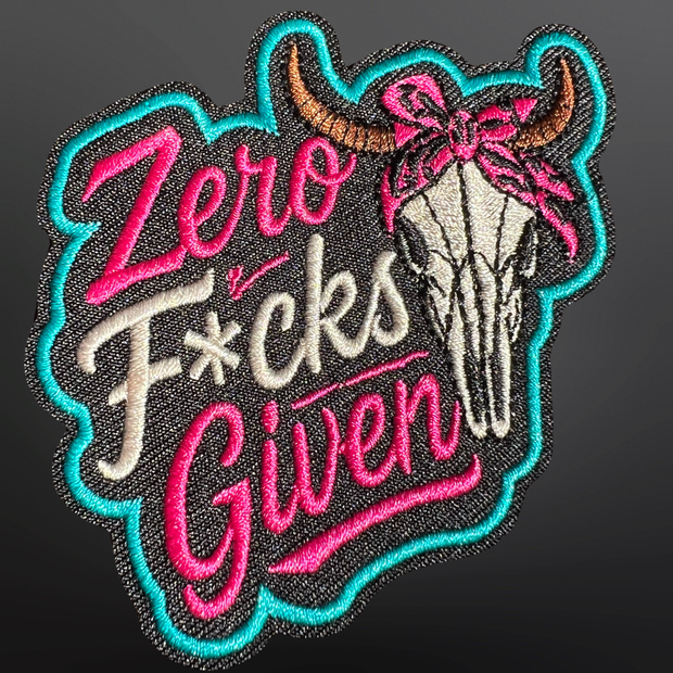 Western Trucker Hat Iron On Patch - “Zero F*cks Given” Skull