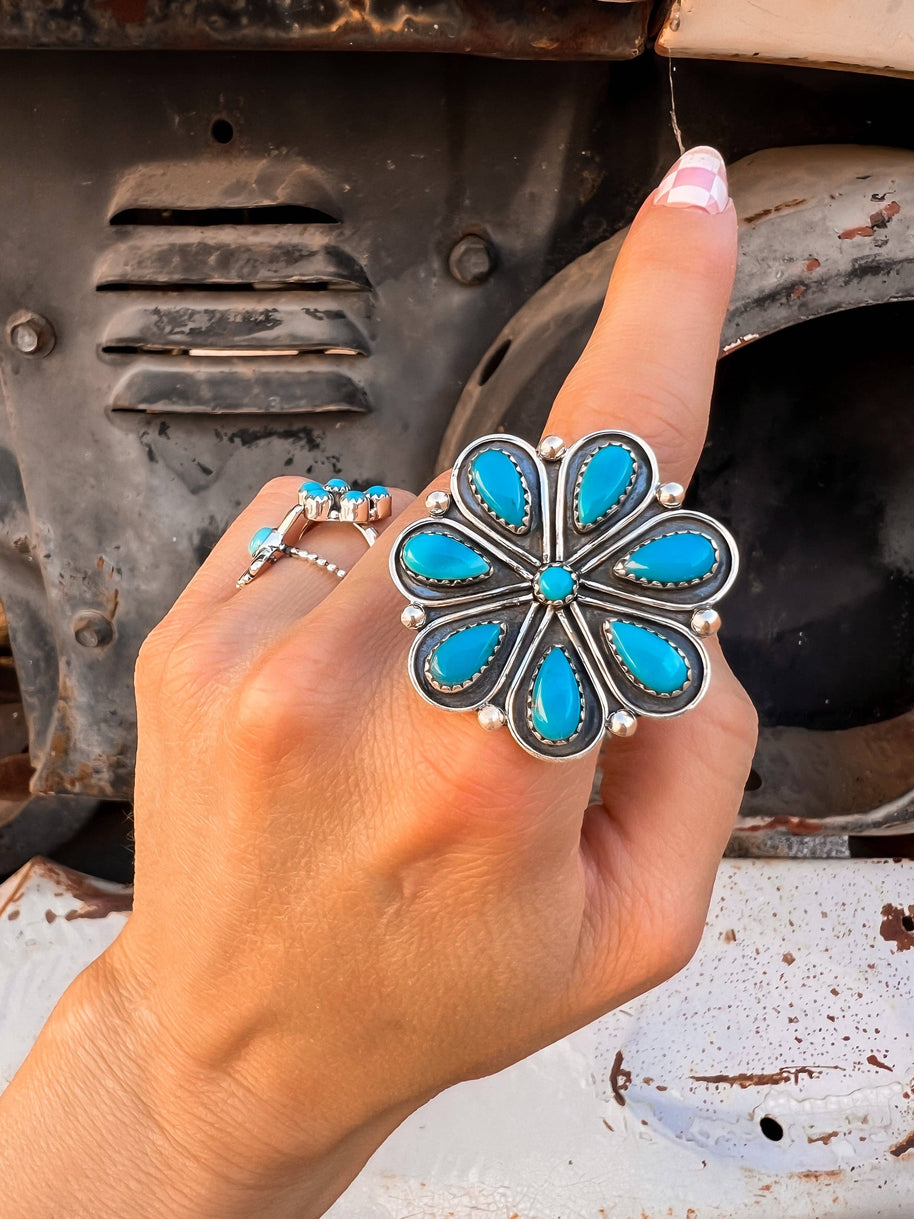 Flower Concho Sterling Silver Stone Ring