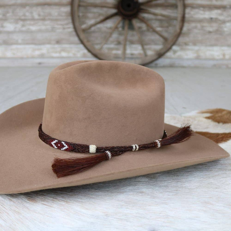 Genuine Horsehair 5 Strand Braided Hat Band with Double Tassel - Red Roan