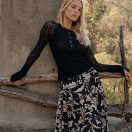 Lace Raglan-Sleeve Henley Top, Black