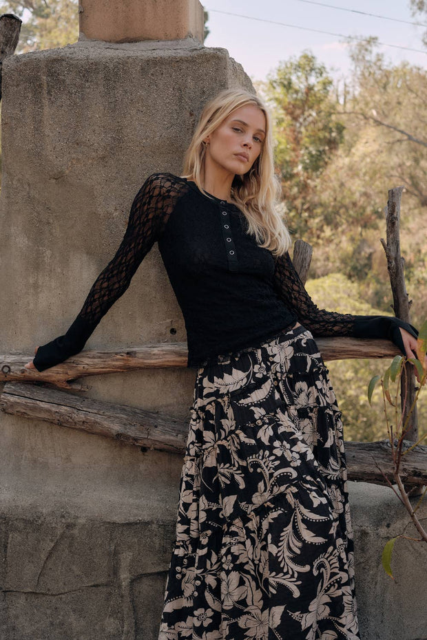 Lace Raglan-Sleeve Henley Top, Black