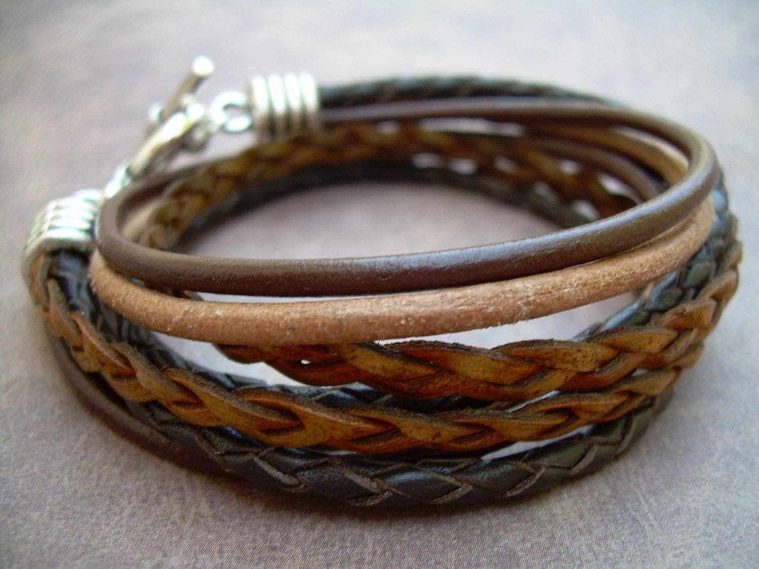 Four Strand Double Wrap Leather Bracelet, Toggle clasp