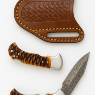 Stag Horn Style Damascus Folding Knife with Leather Sheath
