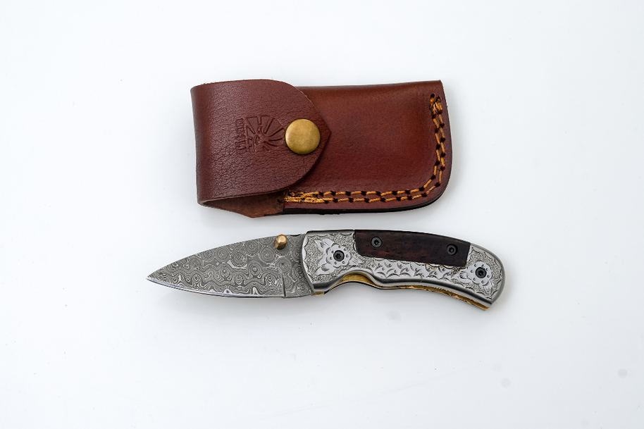 Damascus Pocket Knife Engraved Bolster, Dark Wood Handle