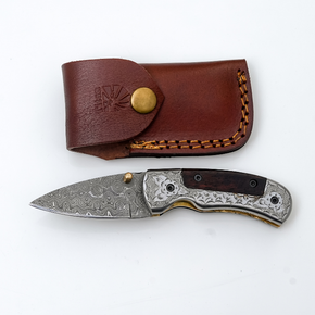 Damascus Pocket Knife Engraved Bolster, Dark Wood Handle