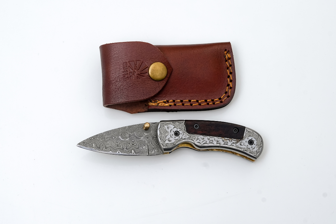 Damascus Pocket Knife Engraved Bolster, Dark Wood Handle