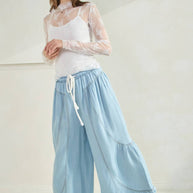 Chambray Denim Wide Palazzo Pants