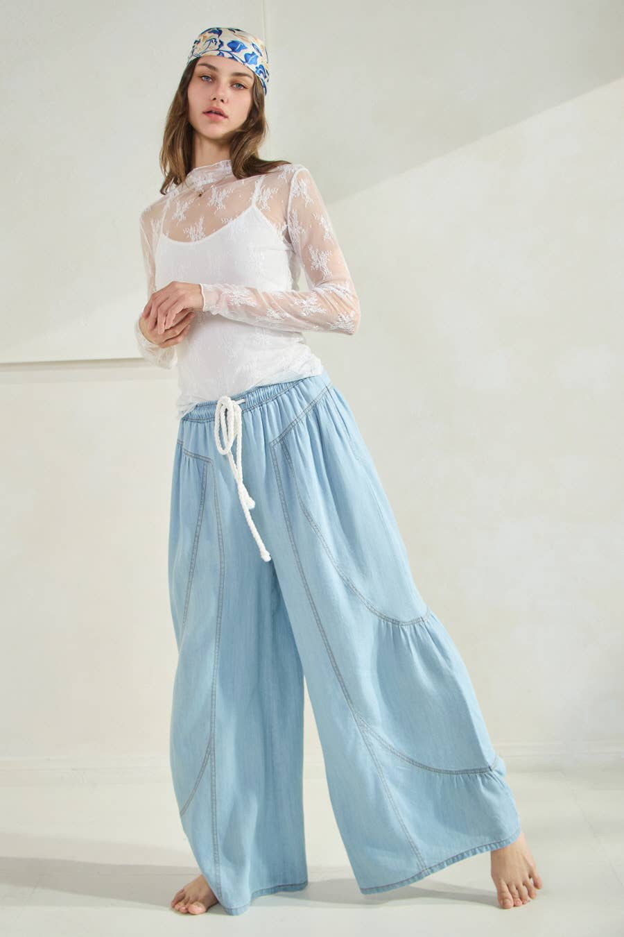 Chambray Denim Wide Palazzo Pants