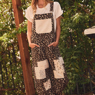 Leopard Printed Patchwork Overall, Plus