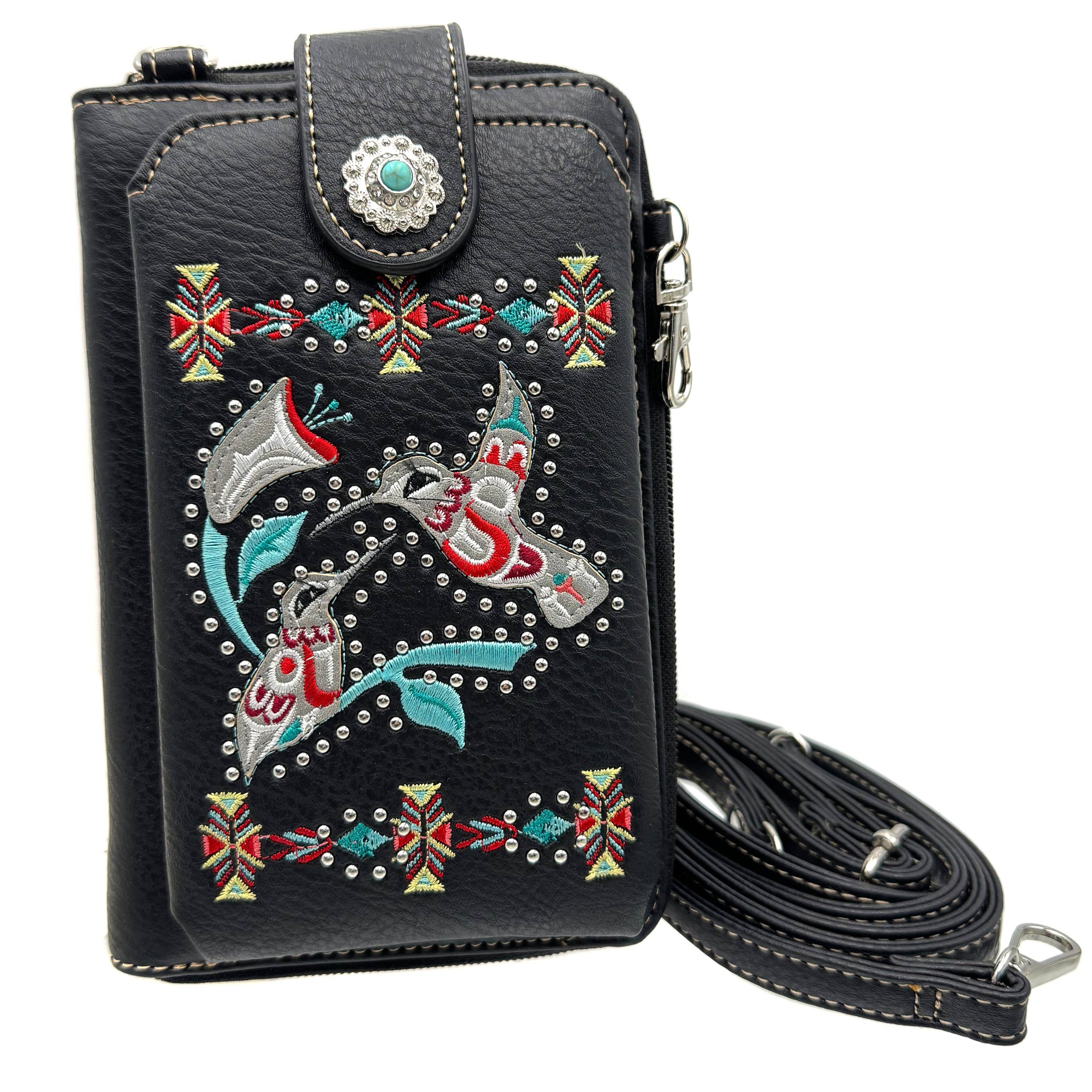 Native Embroidered Hummingbird  Crossbody Western Phone Wallet