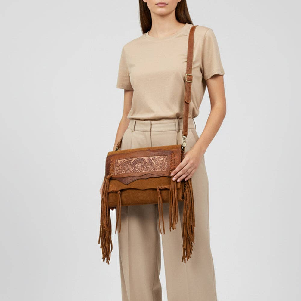 Suede Leather & Fringe Purse Clutch, Caramel