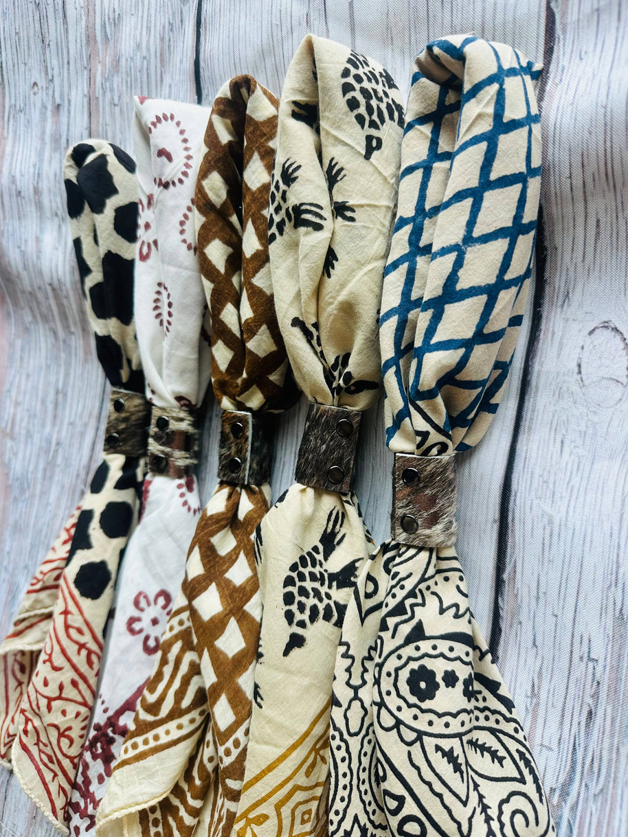 Boho Bandanas With Cowhide Leather Slides