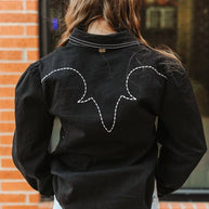 Black Denim, Puff Sleeve Pearl Snap Embroidered Shirt