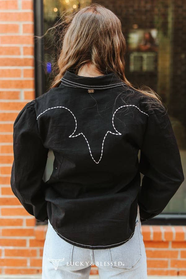 Black Denim, Puff Sleeve Pearl Snap Embroidered Shirt
