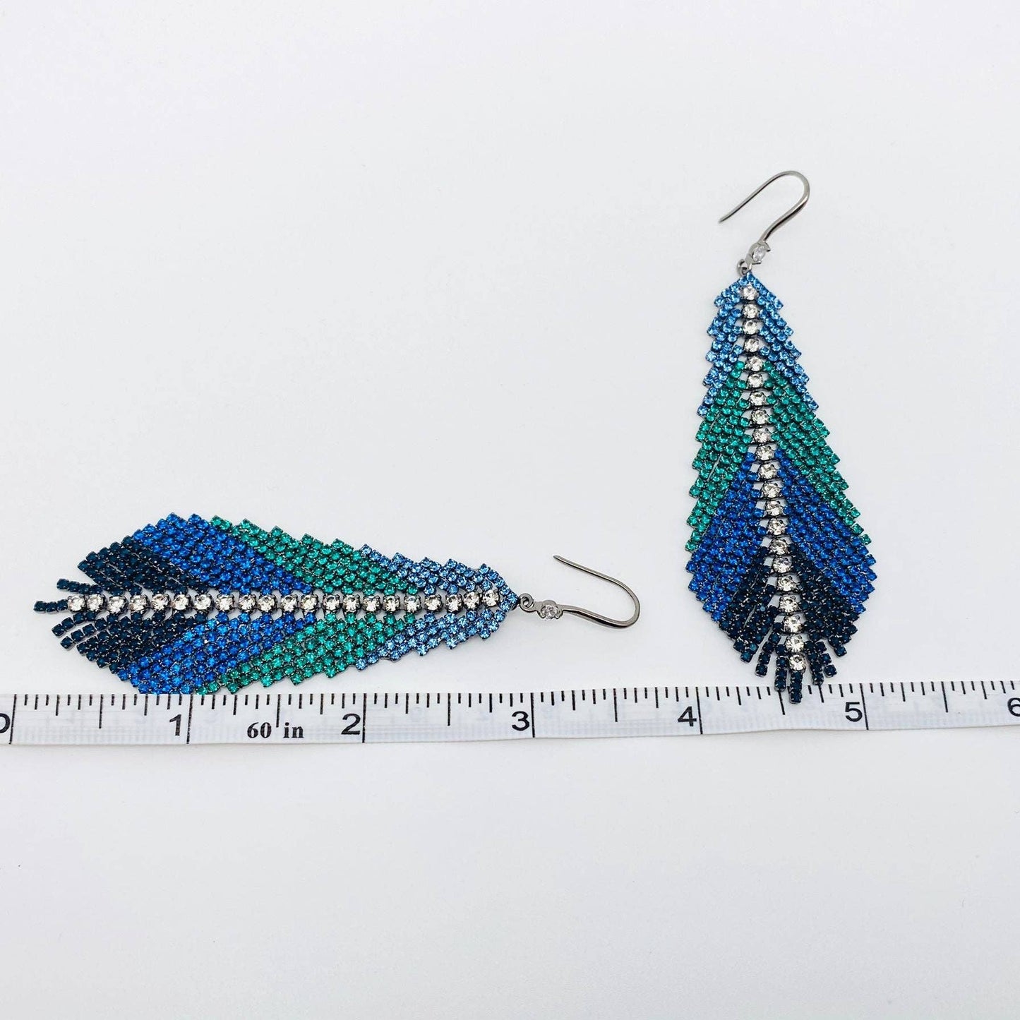 Feather Shape Colored Rhinestone Tassel Dangle Earrings