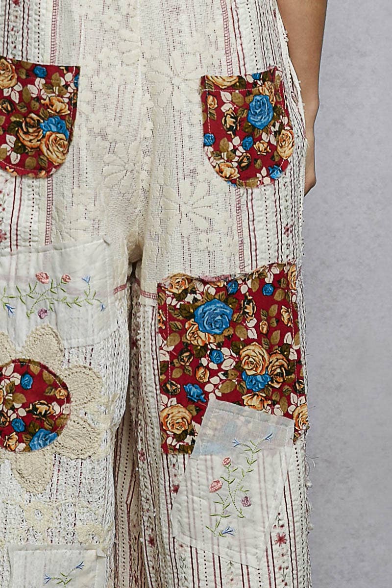 Floral Patchwork Woven Overalls