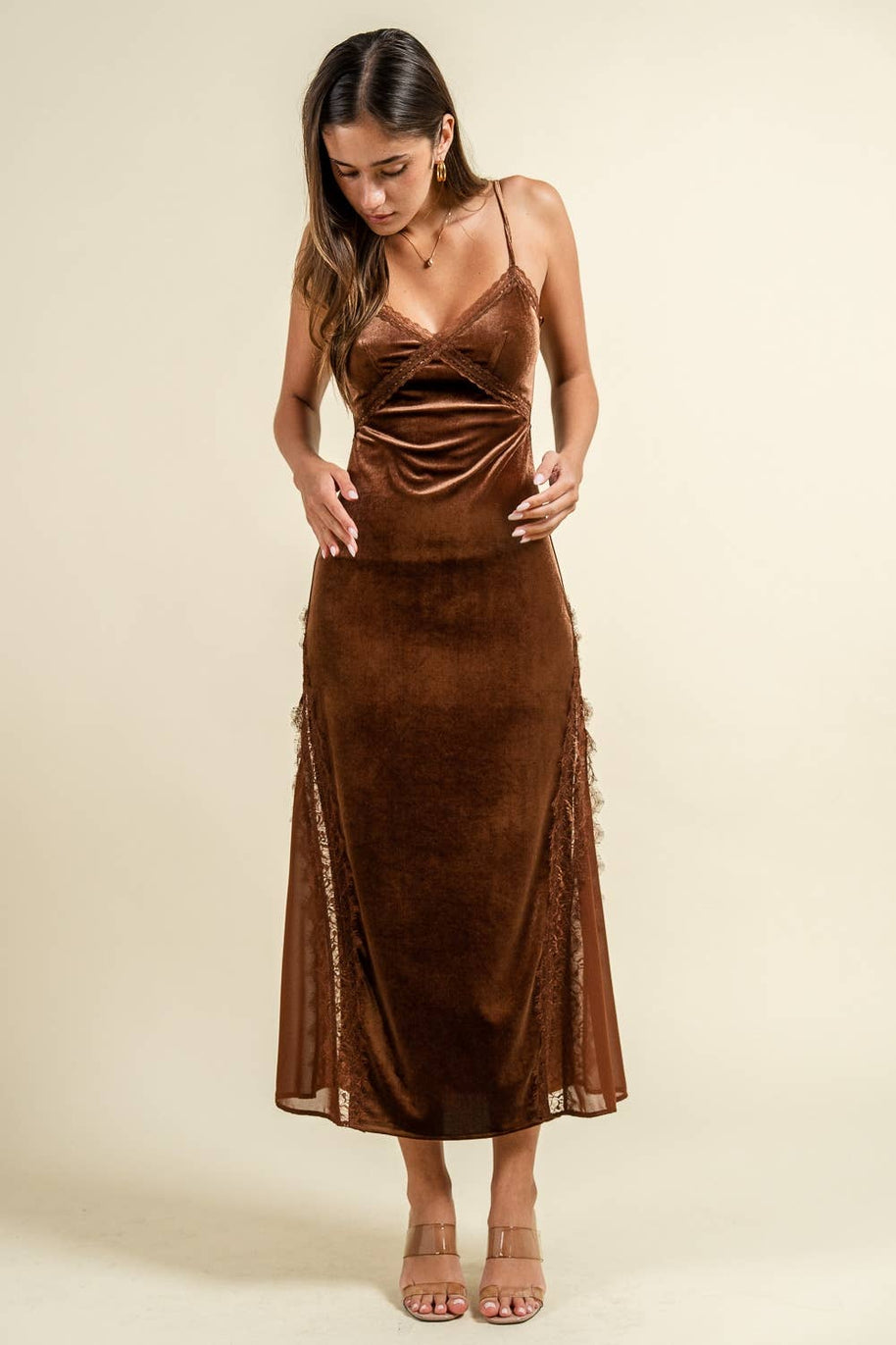 Velvet Slip Dress, Brown