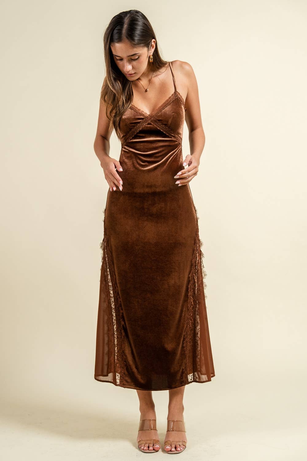 Velvet Slip Dress, Brown
