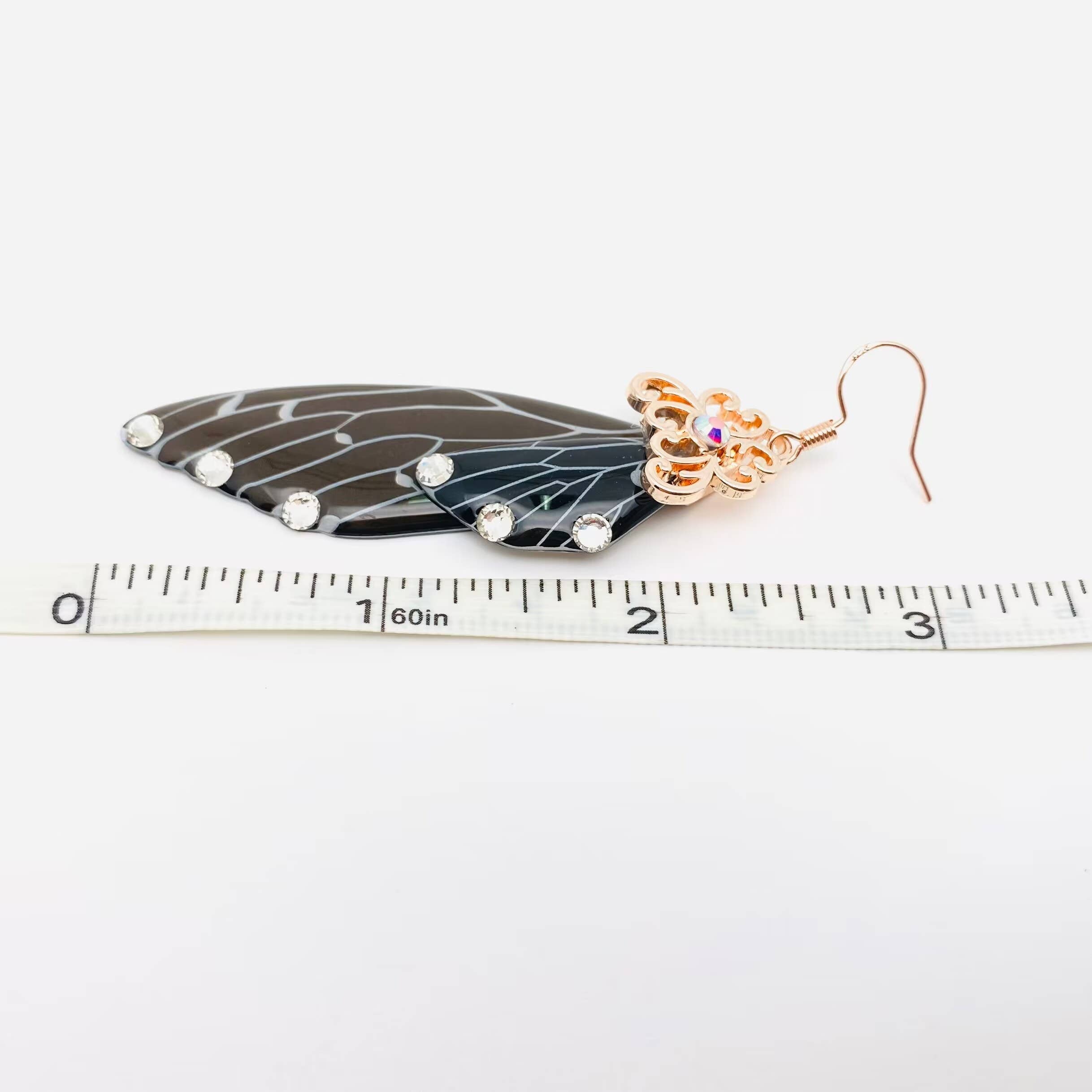Black Cicada Rhinestone Wings Earrings