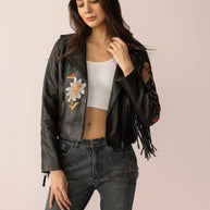 Thorn & Thunder Embroidered Black Leather Fringe Jacket