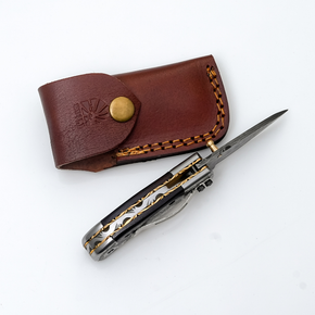 Damascus Pocket Knife Engraved Bolster, Dark Wood Handle