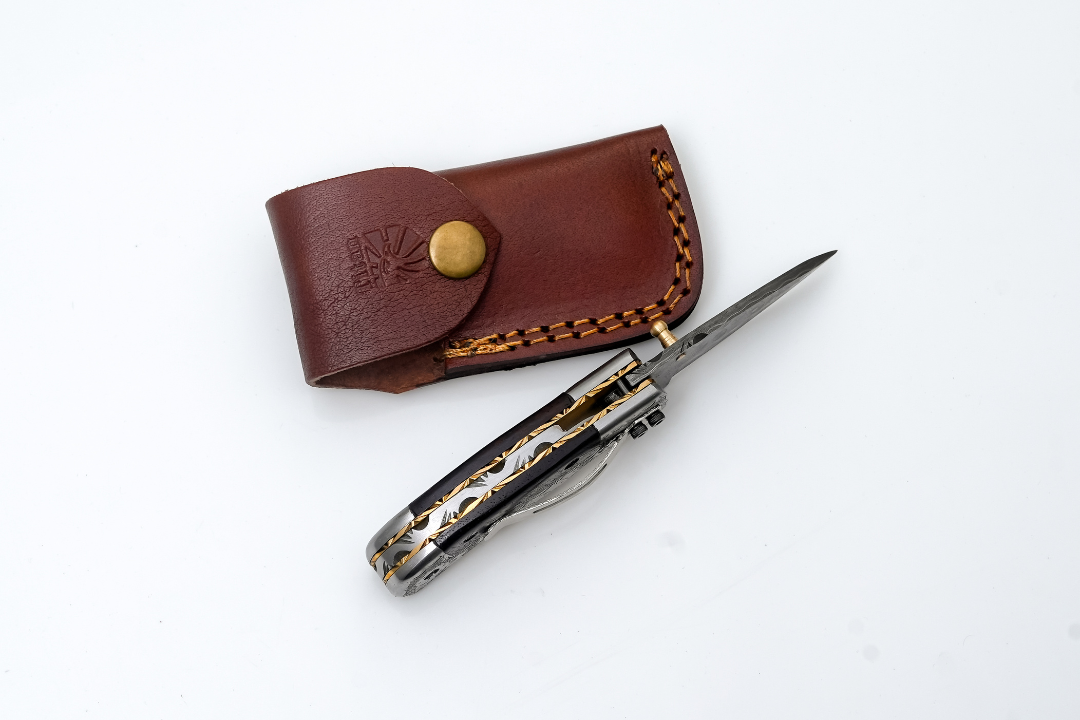 Damascus Pocket Knife Engraved Bolster, Dark Wood Handle