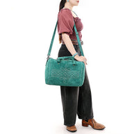 Western Suede Boot Stitch Duffel Bag, Turquoise