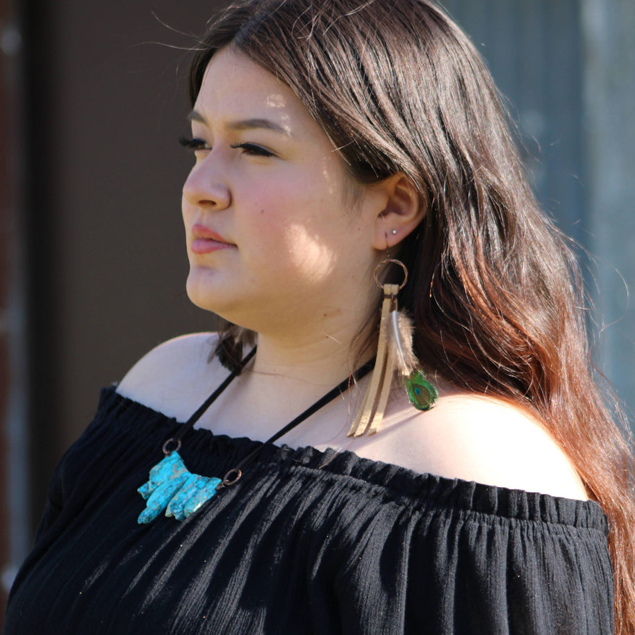 Bone Deer Skin Leather Tassel Earrings with Peacock Feather