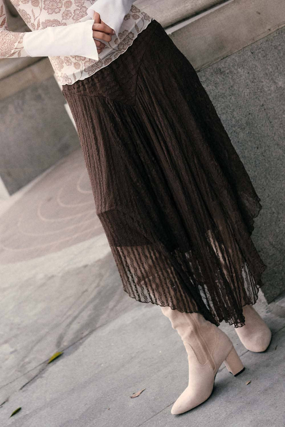 Lace Curved-Hem Midi Skirt, Chocolate