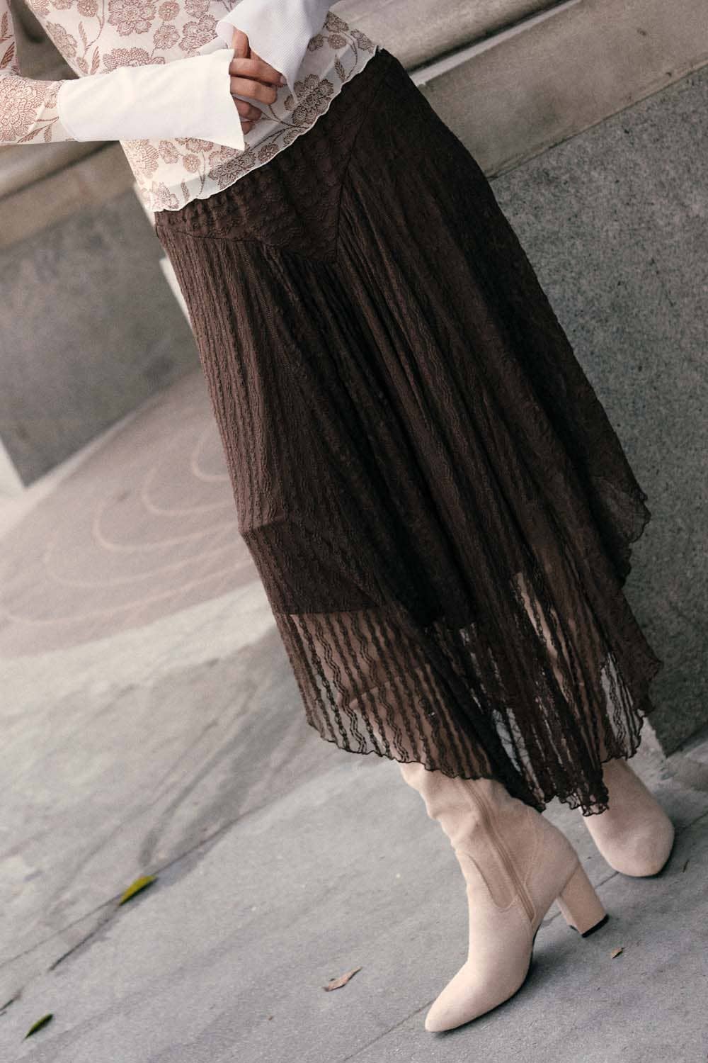 Lace Curved-Hem Midi Skirt, Chocolate