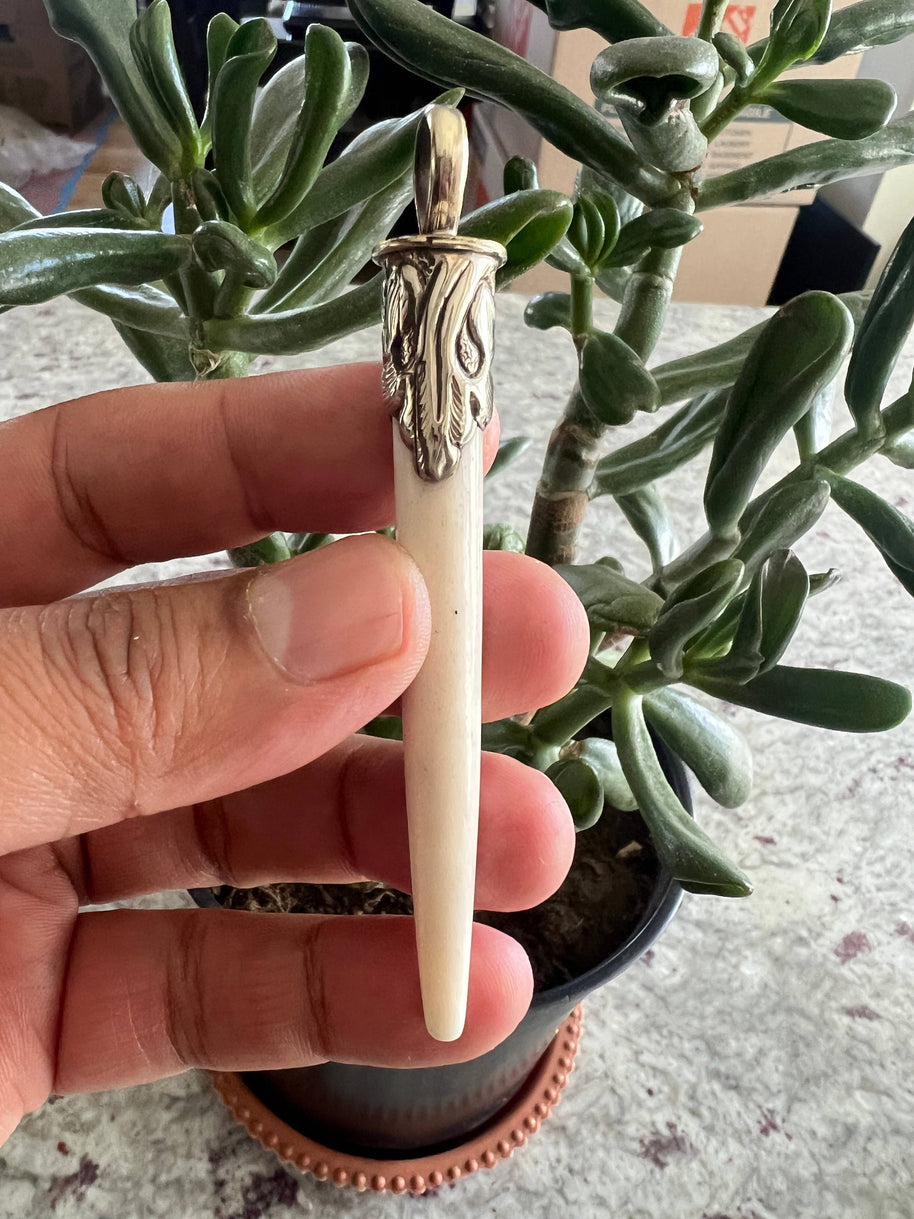 Hand craved bone with turquoise pendant, Tibetan Silver