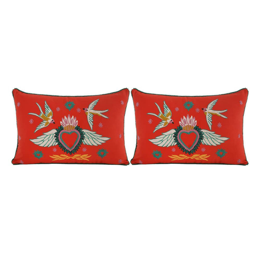 Embroidered Bird Red Pillow