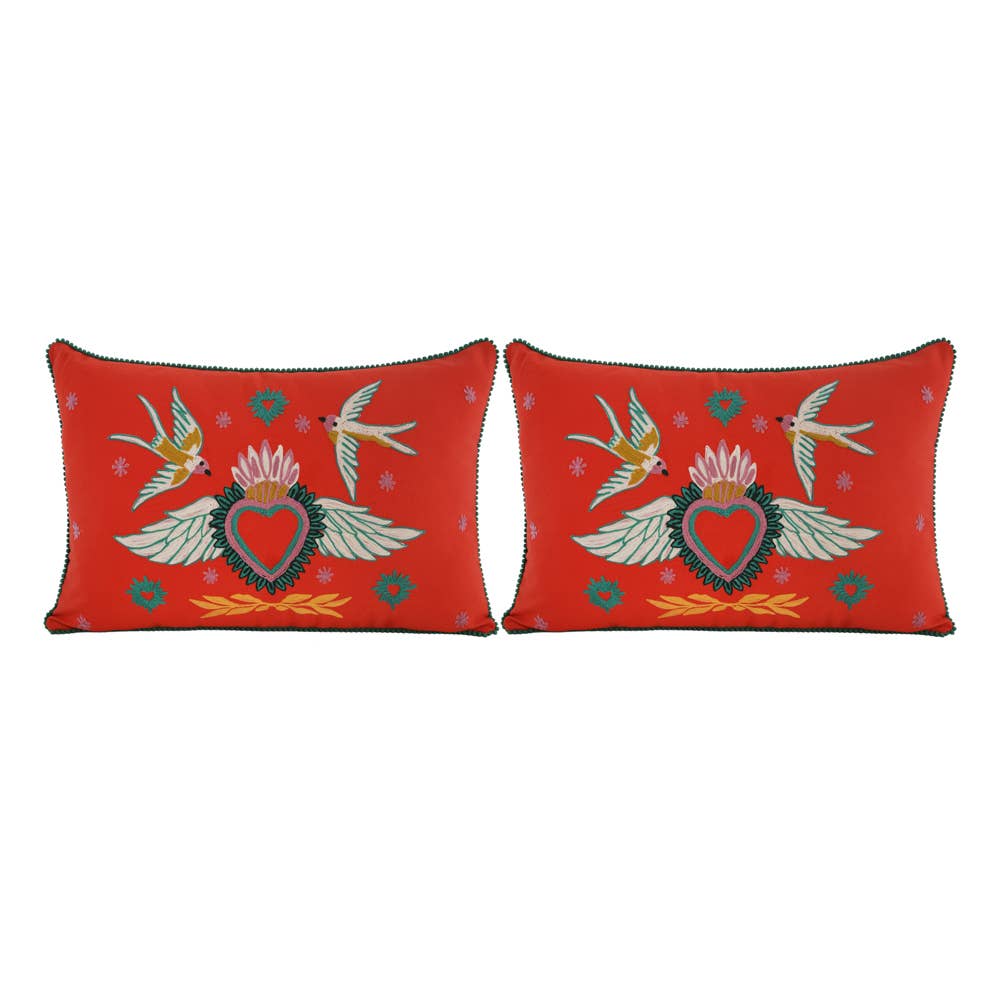 Embroidered Bird Red Pillow