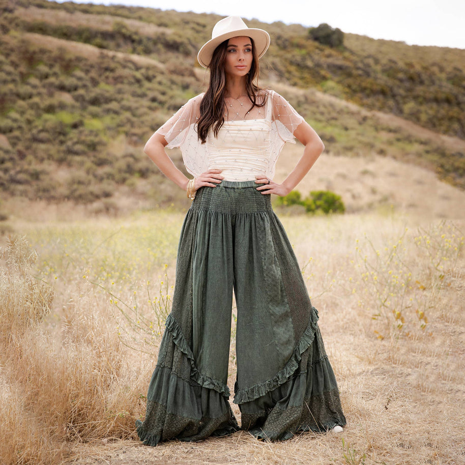 Mineral Wash Lace Tiered Ruffle Pants