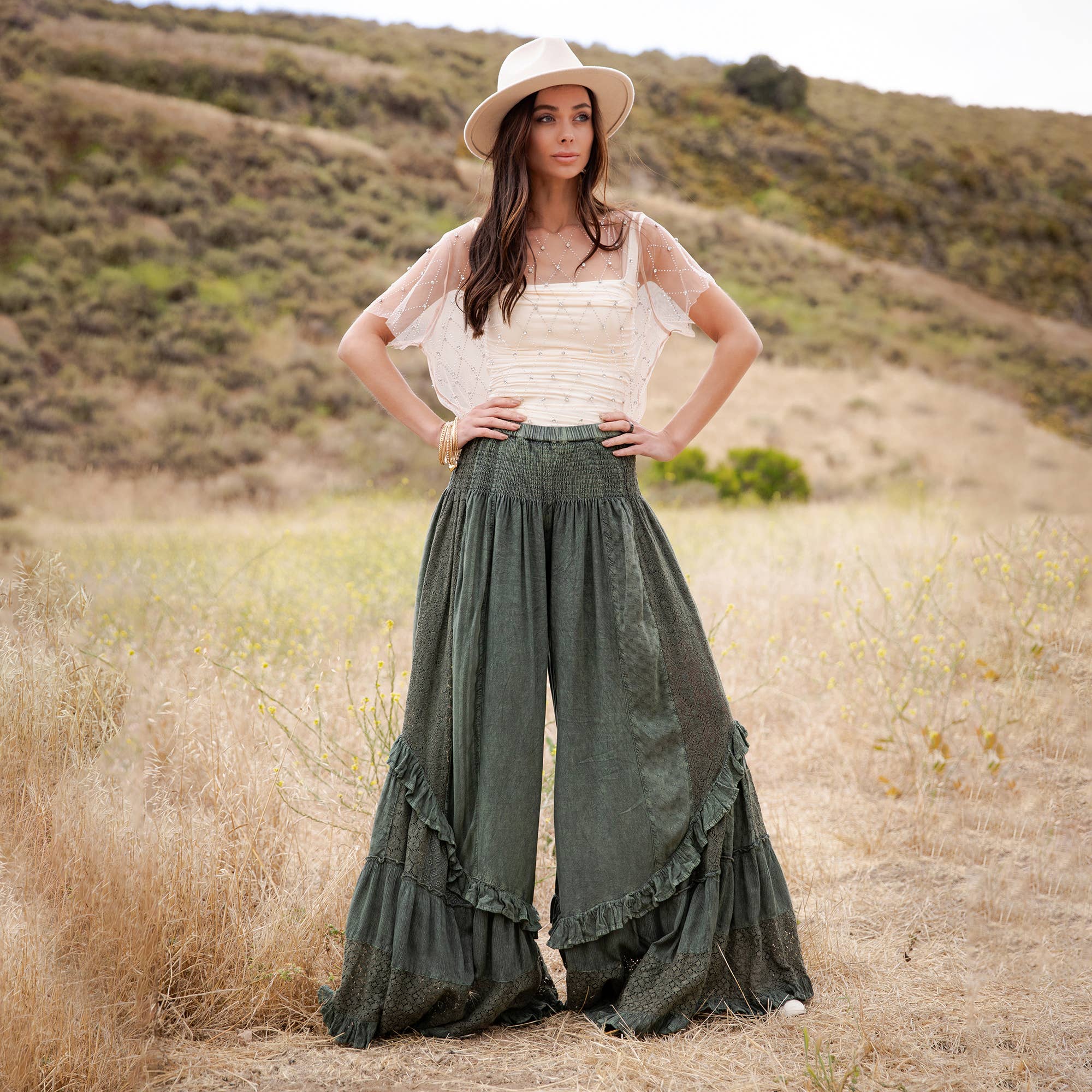 Mineral Wash Lace Tiered Ruffle Pants