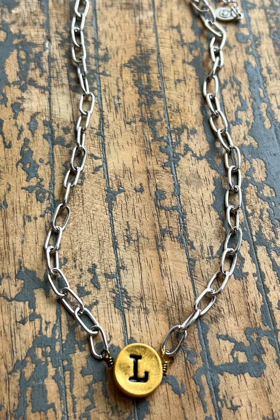 Circle Initial Pendant Necklace TWO TONE