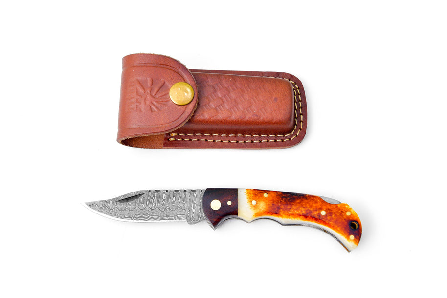 Damascus Burnt Bone pocket knife Limited Run
