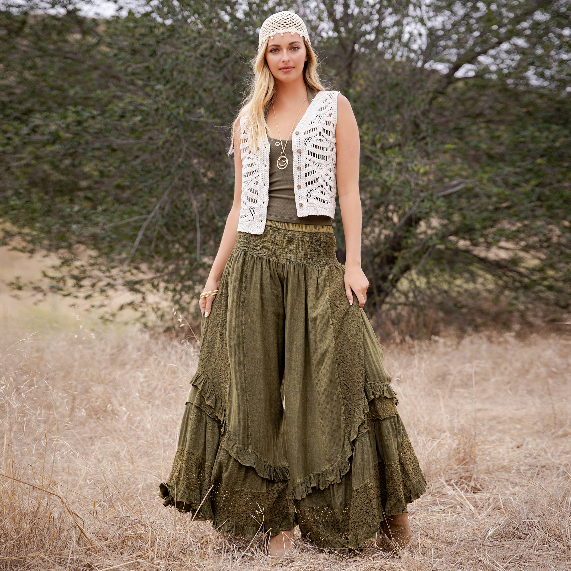 Mineral Wash Lace Tiered Ruffle Pants