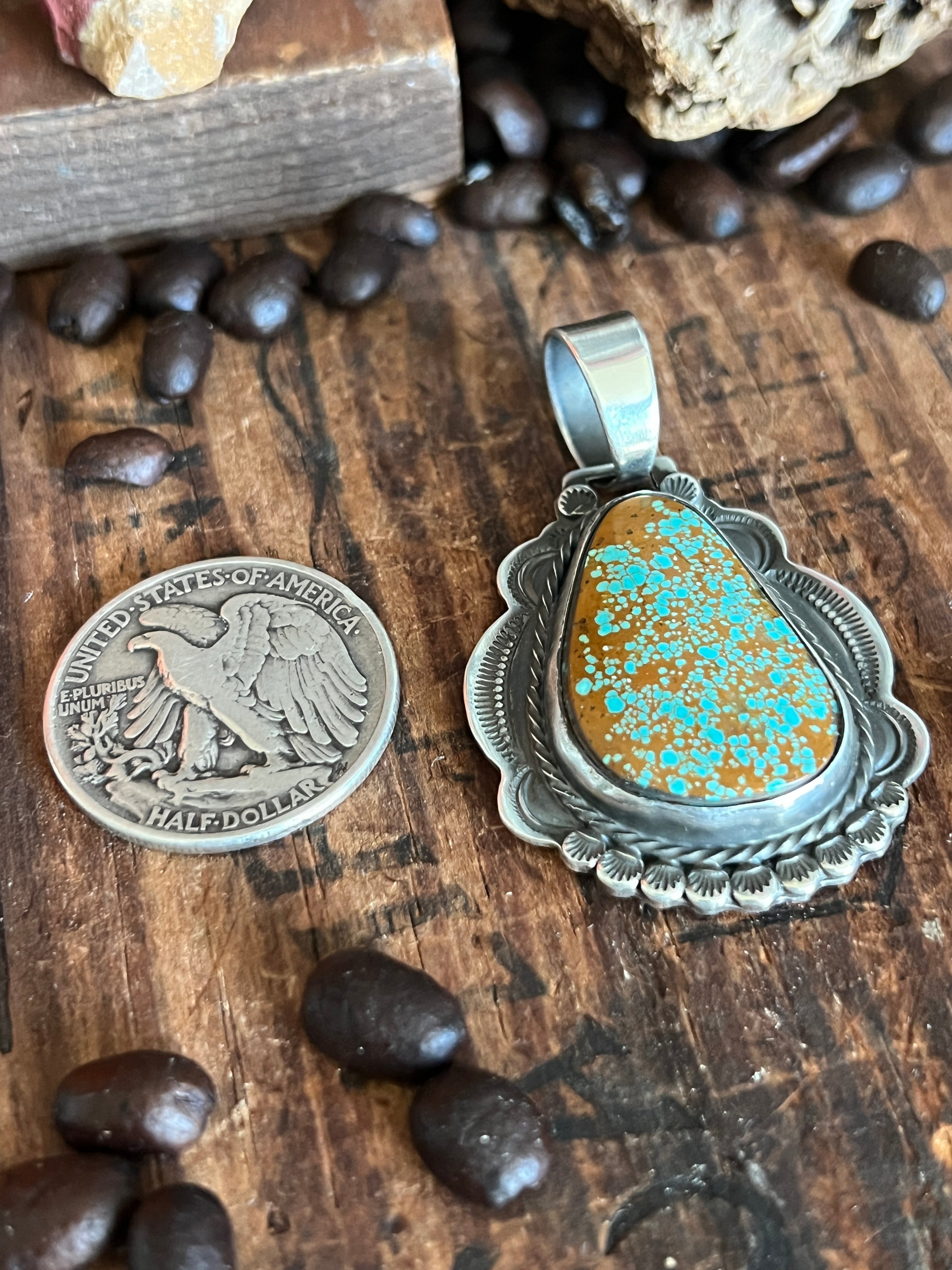 Hand Stamped Sterling Silver & Number 8 Turquoise Pendant by Kimari Somers