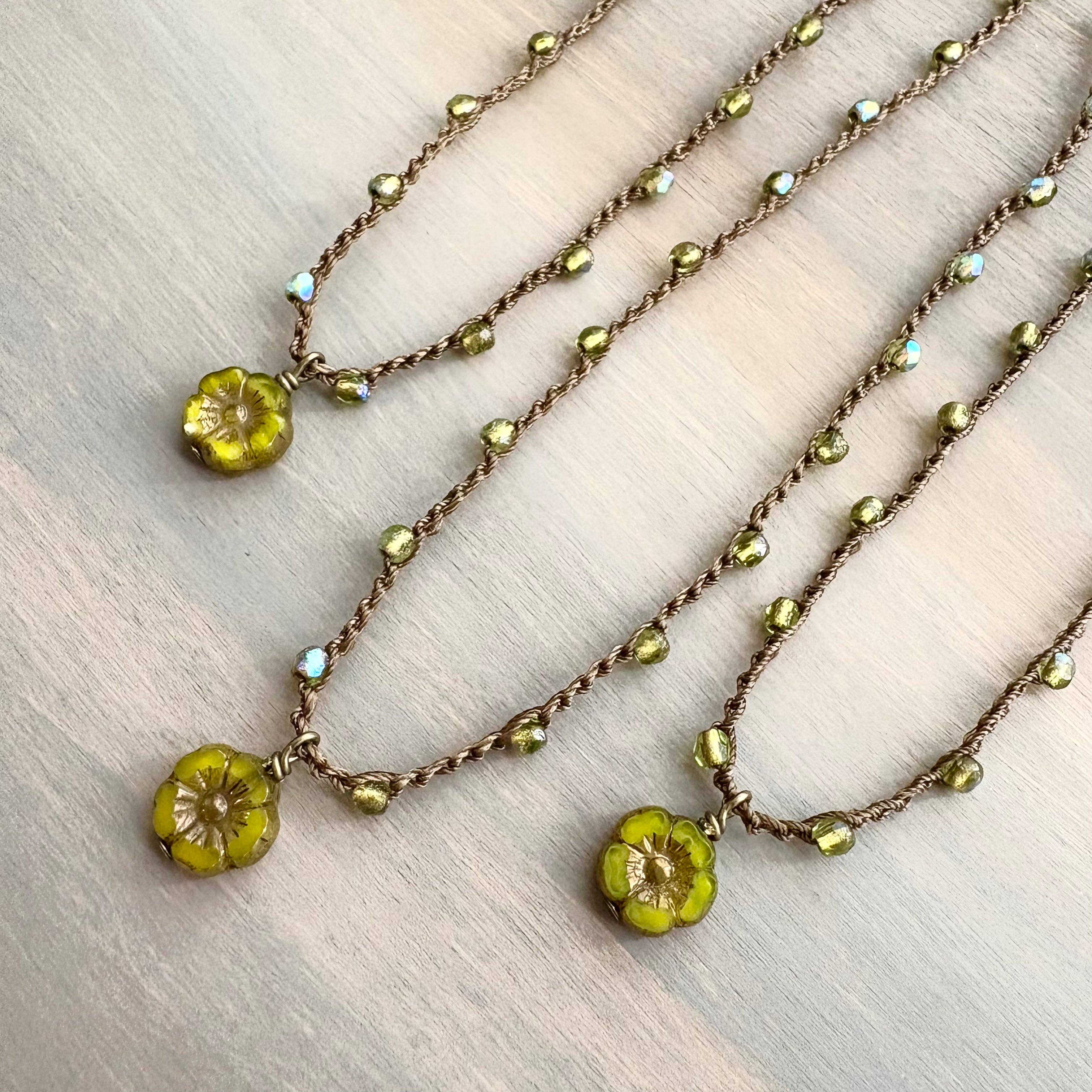 Petite Olivine Crystal Flower Crocheted Necklace