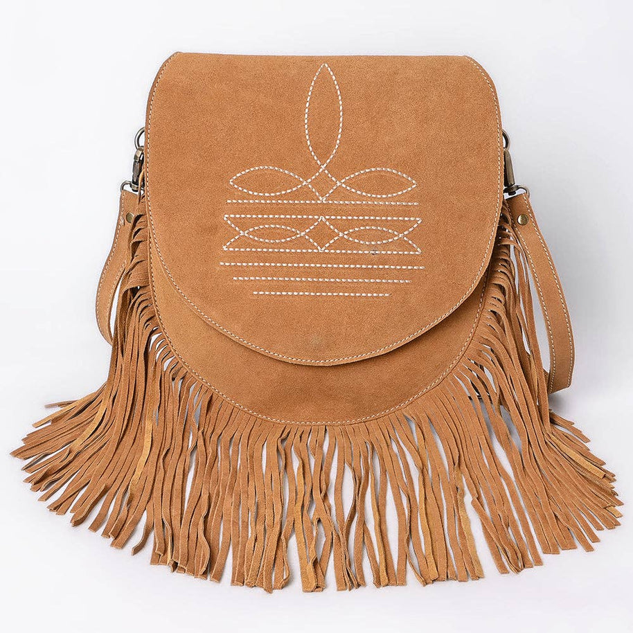 Suede Western Fringe Messenger Bag - White Stitch Design